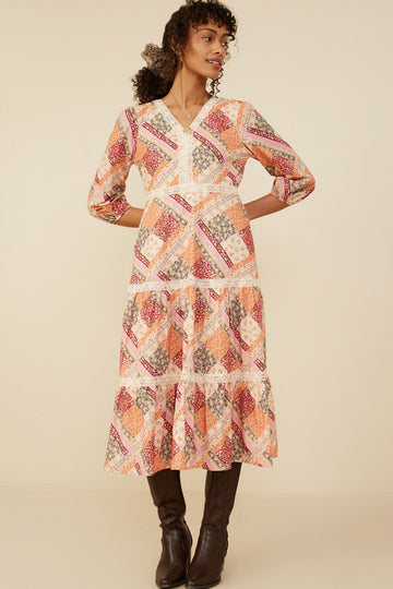 HY8799W Burgundy Mix Plus Quilt Print Lace Detail Tiered Dress Front